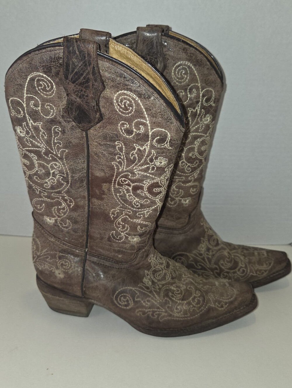 Corral Womens/Teens Sz 4T Brown Leather  Cowboy Boots Embroidered Floral Scrolls